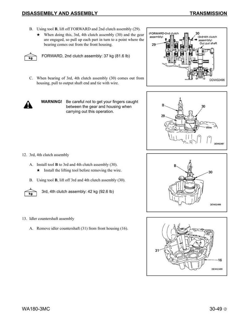 Pode incluir: Diagrama de desmontagem e montagem da transmiss&atilde;o. A imagem inclui ilustra&ccedil;&otilde;es detalhadas de conjuntos de embreagem, engrenagens e outros componentes internos, com medidas em quilogramas e libras. Instru&ccedil;&otilde;es de texto e avisos tamb&eacute;m est&atilde;o inclu&iacute;dos.