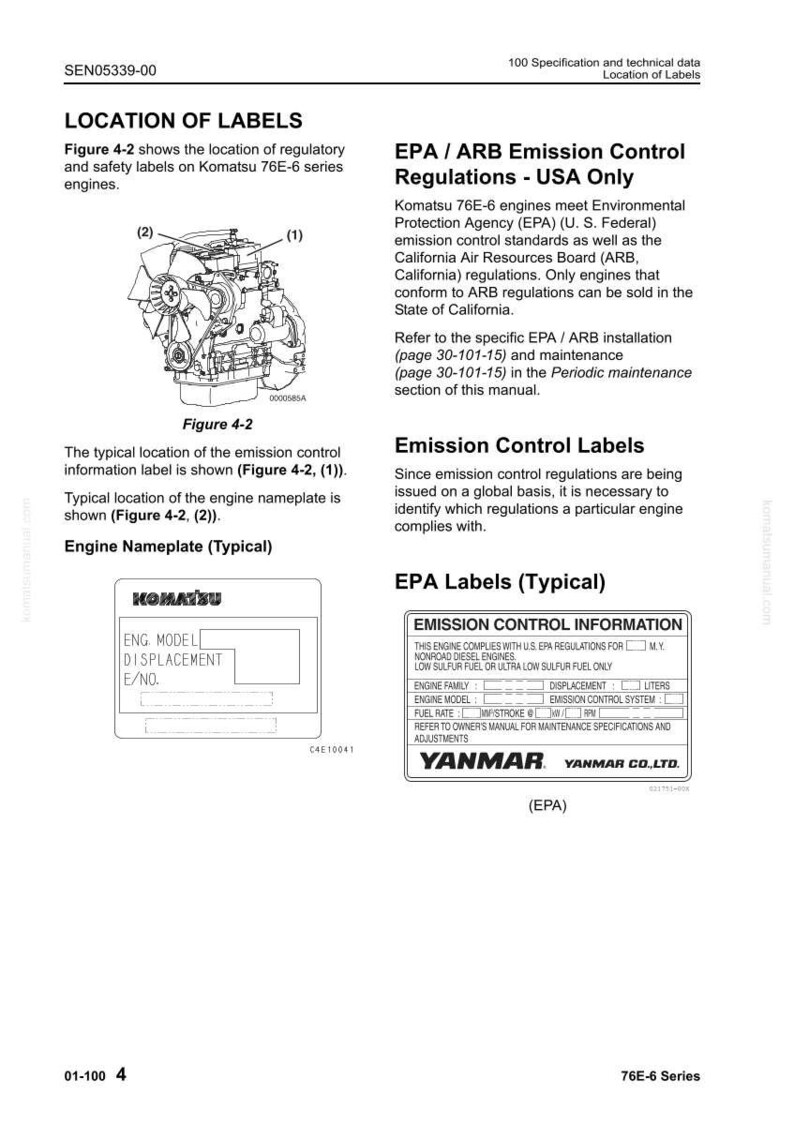 May include: Diagram showing labels on a Komatsu 76E-6 series engine. The image includes text about EPA/ARB emission control regulations for the USA, and emission control information. The engine nameplate is also shown.