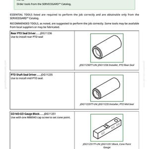 May include: A page titled "Essential or Recommended Tools" with tool illustrations. Includes a Rear PTO Seal Driver, a PTO Shaft Seal Driver, and a GO NO-GO Gauge Block. Text provides tool part numbers and their uses.