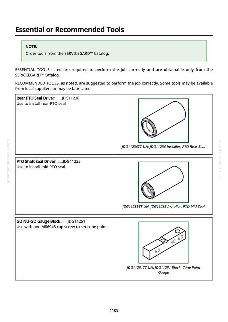 May include: A page titled "Essential or Recommended Tools" with tool illustrations. Includes a Rear PTO Seal Driver, a PTO Shaft Seal Driver, and a GO NO-GO Gauge Block. Text provides tool part numbers and their uses.