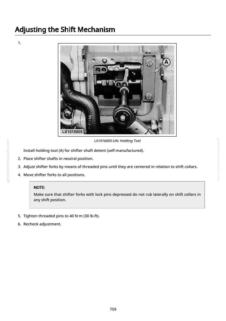 May include: Image from a manual titled "Adjusting the Shift Mechanism." It shows a detailed view of a mechanical component with the text "LX1016005" and "LX1016005-UN: Holding Tool." Instructions include tightening threaded pins to 40 N&middot;m (30 lb-ft).
