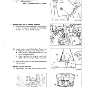K&ouml;nnte beinhalten: Diagramm der Montage- und Demontageanweisungen f&uuml;r den Motor. Enth&auml;lt Illustrationen von Motorkomponenten, wie Motorhaube, Luftfilterbaugruppe und Schalld&auml;mpfer. Text enth&auml;lt Messungen in Nm und kgm.