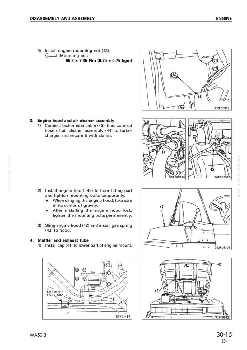 K&ouml;nnte beinhalten: Diagramm der Montage- und Demontageanweisungen f&uuml;r den Motor. Enth&auml;lt Illustrationen von Motorkomponenten, wie Motorhaube, Luftfilterbaugruppe und Schalld&auml;mpfer. Text enth&auml;lt Messungen in Nm und kgm.
