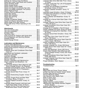 May include: A page from a manual with a table of contents, listing maintenance and service procedures for agricultural machinery. The text includes topics like lubrication, adjustments, and troubleshooting, with page numbers for reference.