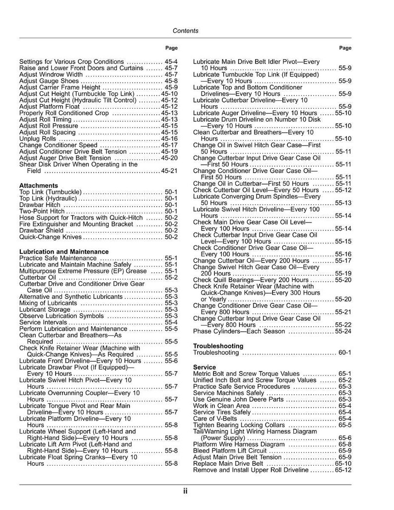 May include: A page from a manual with a table of contents, listing maintenance and service procedures for agricultural machinery. The text includes topics like lubrication, adjustments, and troubleshooting, with page numbers for reference.