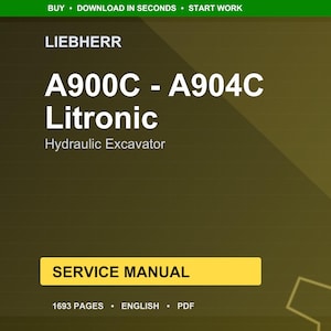 May include: A digital service manual for the Liebherr A900C - A904C Litronic Hydraulic Excavator. The cover is a gradient of olive and brown with white text. The manual is 1693 pages long and is available in English.