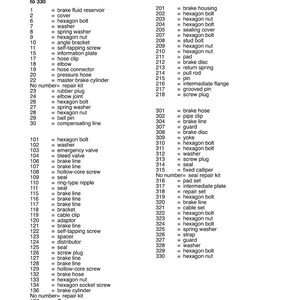 May include: Diagram of a brake system with a parts list. The image includes a detailed breakdown of components such as brake lines, bolts, and cylinders, with corresponding part numbers for reference.