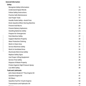 K&ouml;nnte beinhalten: Eine wei&szlig;e Seite mit der &Uuml;berschrift &bdquo;Inhaltsverzeichnis&ldquo; aus einem Handbuch. Der Text listet Sicherheitsthemen auf, darunter &bdquo;Sicheren Umgang mit Fl&uuml;ssigkeiten&ldquo;, &bdquo;S&auml;ureverbrennungen vermeiden&ldquo; und &bdquo;Sicher leben&ldquo;. Das Handbuch behandelt auch Kraftstoffe und Schmierstoffe.
