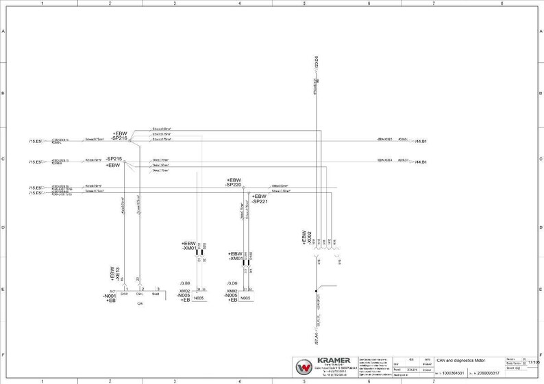 Op de afbeelding: Een technische tekening met lijnen, symbolen en tekst, waarschijnlijk een elektrisch schema of bedradingsschema. Het diagram bevat labels zoals "+EBW" en "SP216", en het Kramer-logo is zichtbaar.
