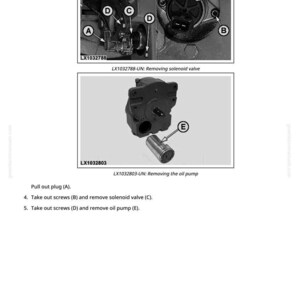 Pode incluir: Diagramas que ilustram a remo&ccedil;&atilde;o de uma v&aacute;lvula solen&oacute;ide e de uma bomba de &oacute;leo. A imagem inclui close-ups de componentes mec&acirc;nicos com as letras A, B, C, D e E. S&atilde;o fornecidas instru&ccedil;&otilde;es textuais.