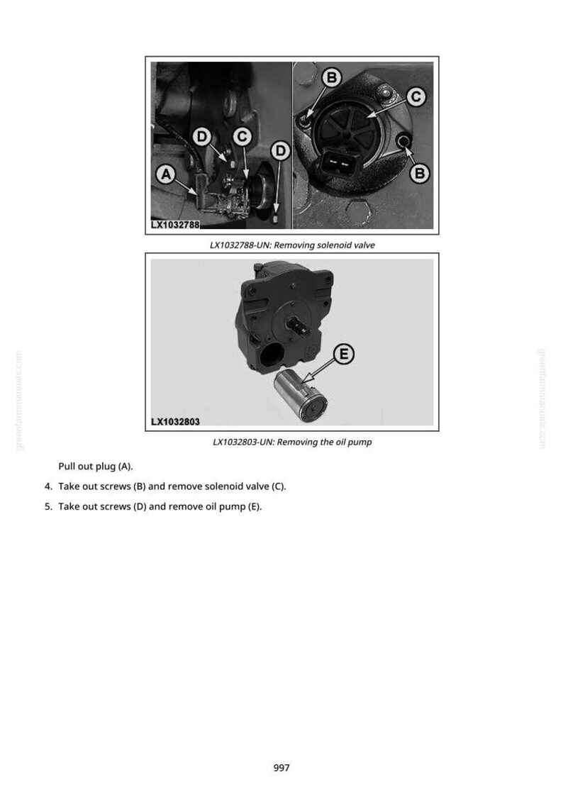 Pode incluir: Diagramas que ilustram a remo&ccedil;&atilde;o de uma v&aacute;lvula solen&oacute;ide e de uma bomba de &oacute;leo. A imagem inclui close-ups de componentes mec&acirc;nicos com as letras A, B, C, D e E. S&atilde;o fornecidas instru&ccedil;&otilde;es textuais.