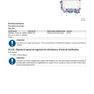 May include: Technical diagram with instructions for oil radiator servicing. Includes a diagram of the radiator with numbered points, technical data, and torque specifications. The text includes warnings and special tool information.