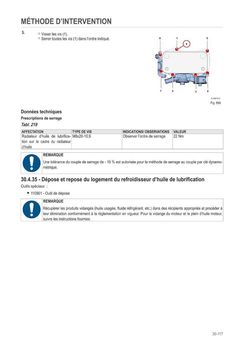 May include: Technical diagram with instructions for oil radiator servicing. Includes a diagram of the radiator with numbered points, technical data, and torque specifications. The text includes warnings and special tool information.