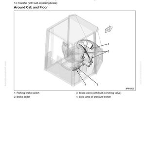 May include: Diagram of a brake system layout, detailing the cab and floor components. Key elements include the parking brake switch, brake pedal, brake valve, and stop lamp oil pressure switch. The diagram is labelled with component numbers and names.