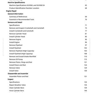 May include: A page from a manual with a table of contents. The text includes "Machine Specifications," "Engine Repair," and "Remove and Install." The page number is 3.