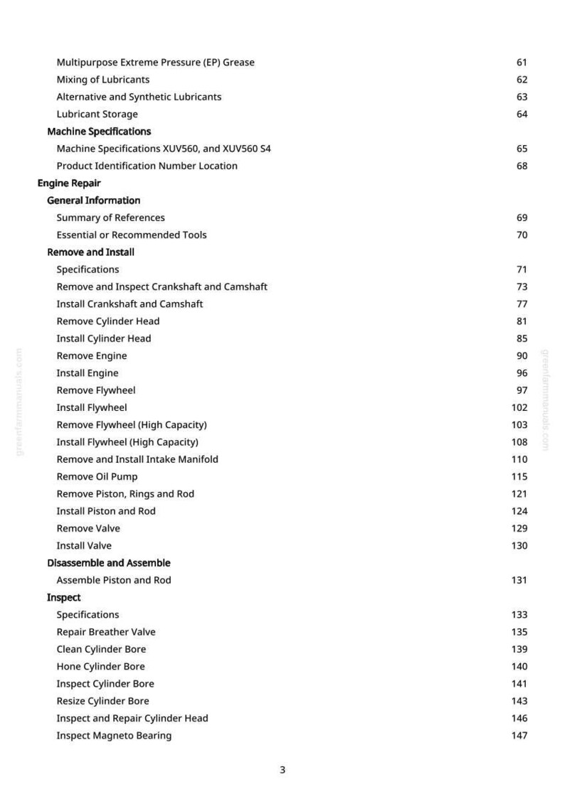 May include: A page from a manual with a table of contents. The text includes "Machine Specifications," "Engine Repair," and "Remove and Install." The page number is 3.