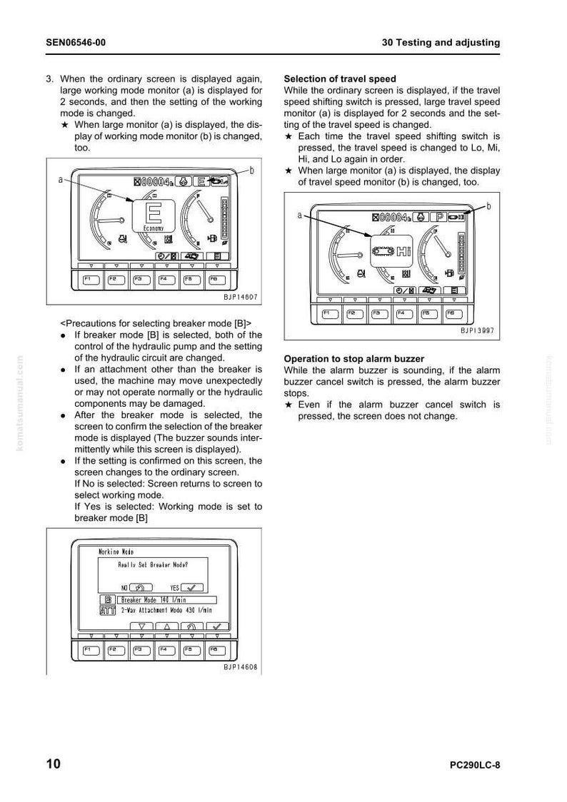 May include: A page from a manual with diagrams and text about testing and adjusting machinery. The diagrams show digital displays with various settings and indicators. The text explains procedures and settings.
