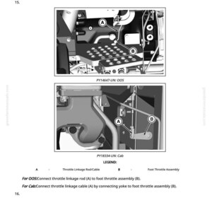 Pu&ograve; includere: Schema di componenti di macchinari, tra cui un gruppo pedale acceleratore e un'asta/cavo di collegamento dell'acceleratore, etichettati A e B. L'immagine include anche istruzioni testuali.