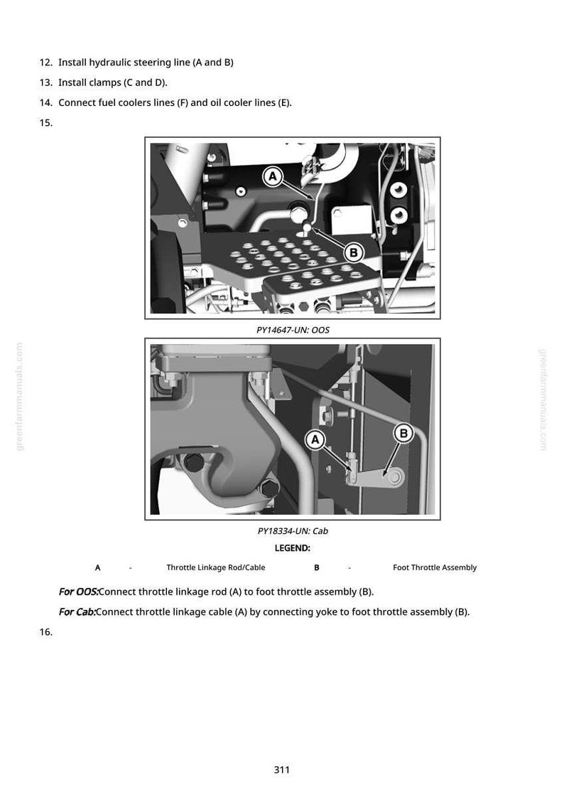 Pu&ograve; includere: Schema di componenti di macchinari, tra cui un gruppo pedale acceleratore e un'asta/cavo di collegamento dell'acceleratore, etichettati A e B. L'immagine include anche istruzioni testuali.