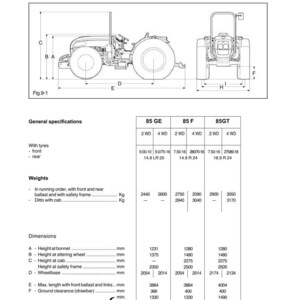 Op de afbeelding: Diagram van een tractor met gedetailleerde specificaties. De afbeelding bevat zij- en vooraanzichten, samen met metingen in millimeters voor verschillende componenten zoals hoogte, wielbasis en breedte. Tekst bevat "Tractor identificatie".