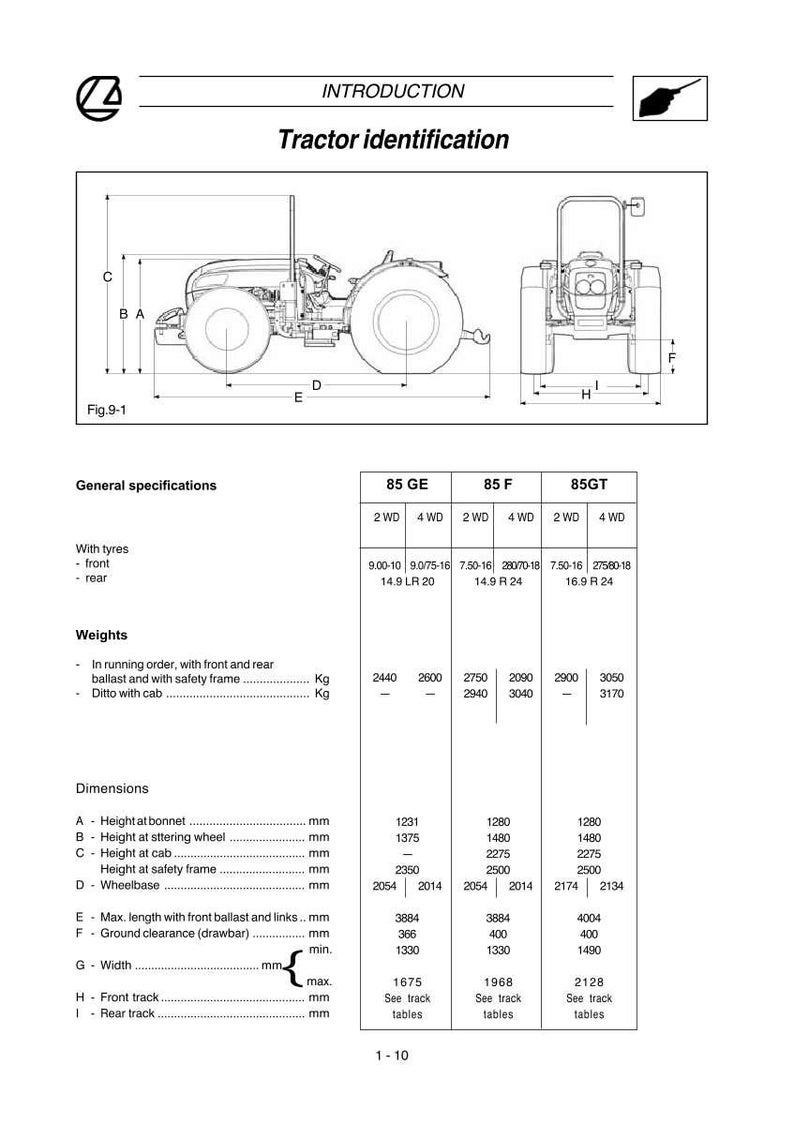 Op de afbeelding: Diagram van een tractor met gedetailleerde specificaties. De afbeelding bevat zij- en vooraanzichten, samen met metingen in millimeters voor verschillende componenten zoals hoogte, wielbasis en breedte. Tekst bevat "Tractor identificatie".