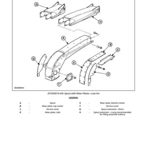 May include: An exploded view diagram of a spout assembly with wear plates, labeled A through H. The diagram includes a spout, wear plates, service covers, and spout extensions. The image is a technical illustration with a white background.