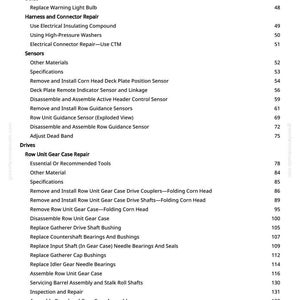 May include: A page from a manual with a table of contents. The headings include Fuels and Lubricants, Electrical, Sensors, and Drives. The text is black on a white background, with page numbers on the right.