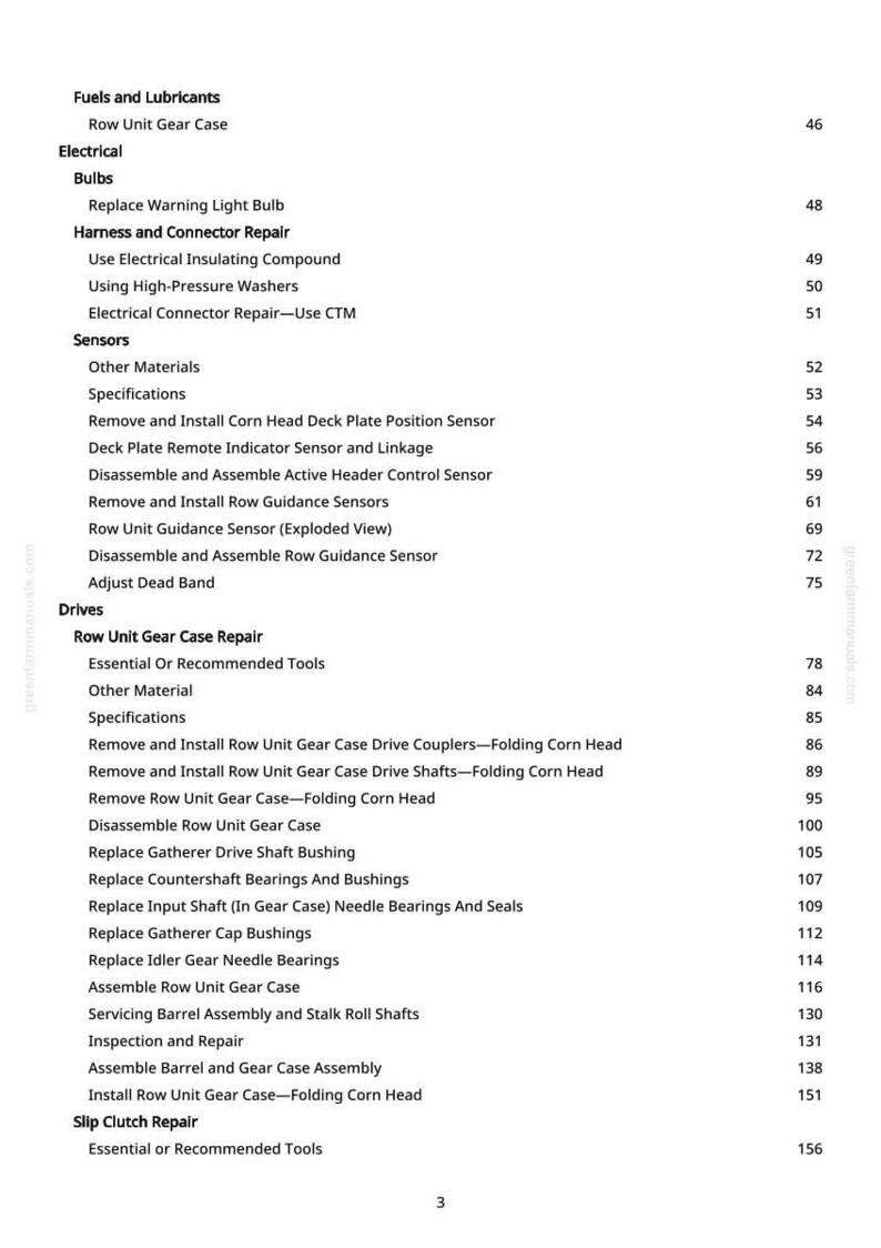 May include: A page from a manual with a table of contents. The headings include Fuels and Lubricants, Electrical, Sensors, and Drives. The text is black on a white background, with page numbers on the right.