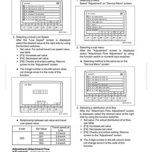 May include: A page from a manual detailing electrical system adjustments. It features screenshots of a machine's interface, including options for low speed and oil flow adjustments, with accompanying text and tables.