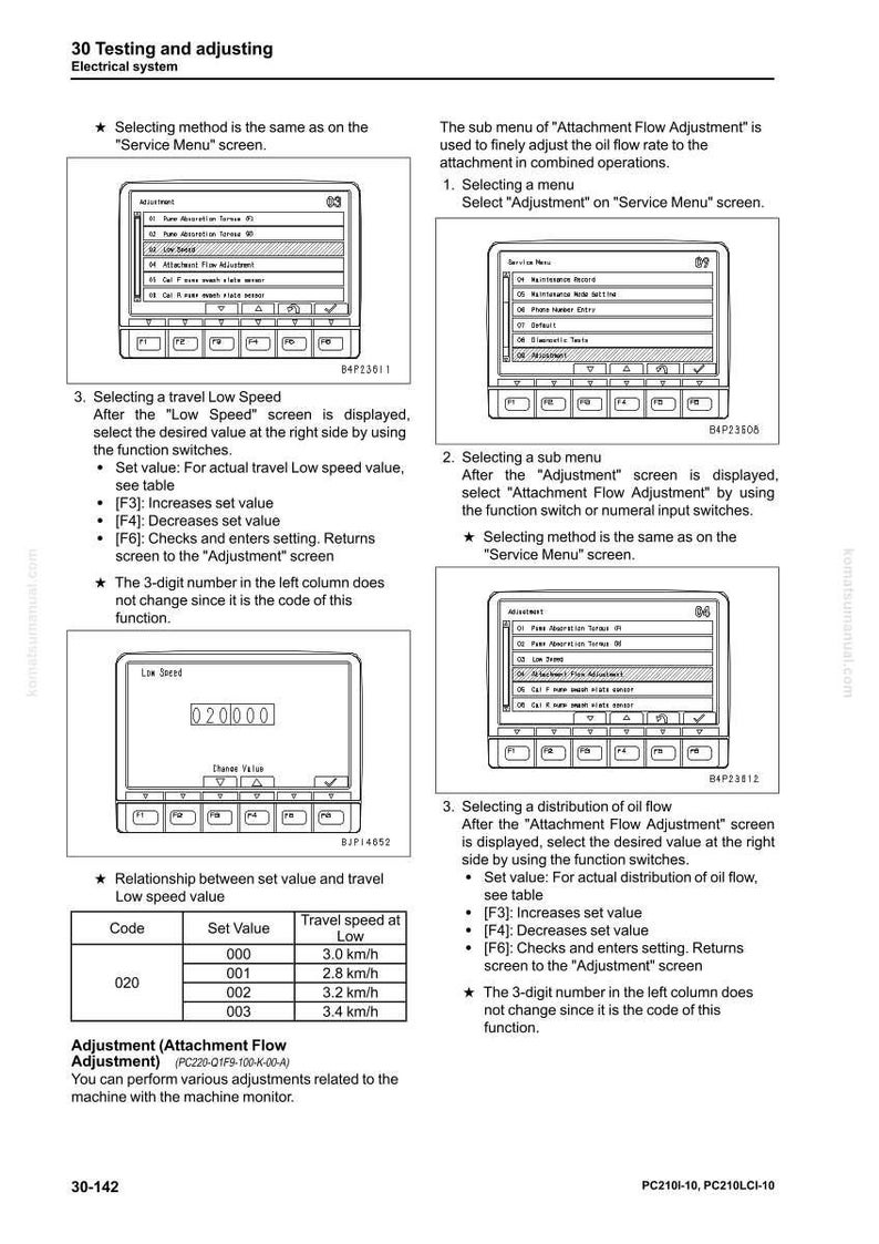 May include: A page from a manual detailing electrical system adjustments. It features screenshots of a machine's interface, including options for low speed and oil flow adjustments, with accompanying text and tables.