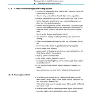 May include: A manual page featuring the Weidemann logo, safety instructions, and accident prevention regulations. The text provides warnings about diesel engines, fuel handling, and leaving the vehicle. The page is white with black text and blue accents.