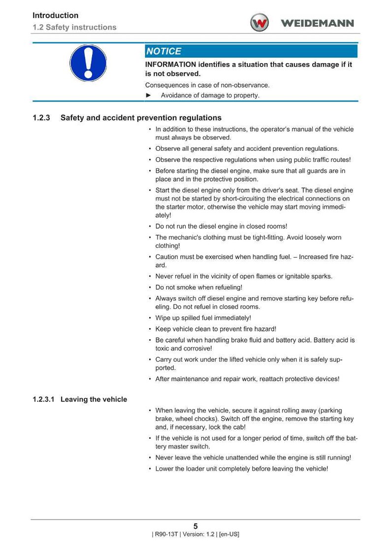 May include: A manual page featuring the Weidemann logo, safety instructions, and accident prevention regulations. The text provides warnings about diesel engines, fuel handling, and leaving the vehicle. The page is white with black text and blue accents.