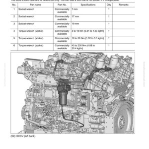 May include: Diagram of an engine assembly with a parts list for installing KCCV (Left Bank). The list includes socket wrenches and torque wrenches with specifications in inches and pounds. The image also shows the engine's internal components.