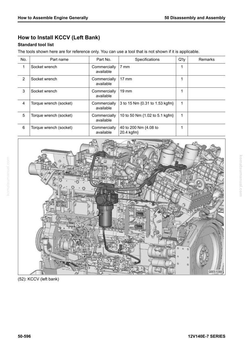 May include: Diagram of an engine assembly with a parts list for installing KCCV (Left Bank). The list includes socket wrenches and torque wrenches with specifications in inches and pounds. The image also shows the engine's internal components.
