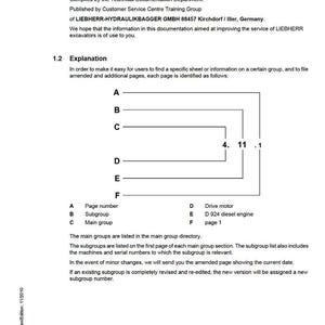 May include: A service manual page with the title "Service Manual" and the Liebherr logo. The page contains text explaining the manual's purpose, structure, and how to find information. Diagrams and labels are included.
