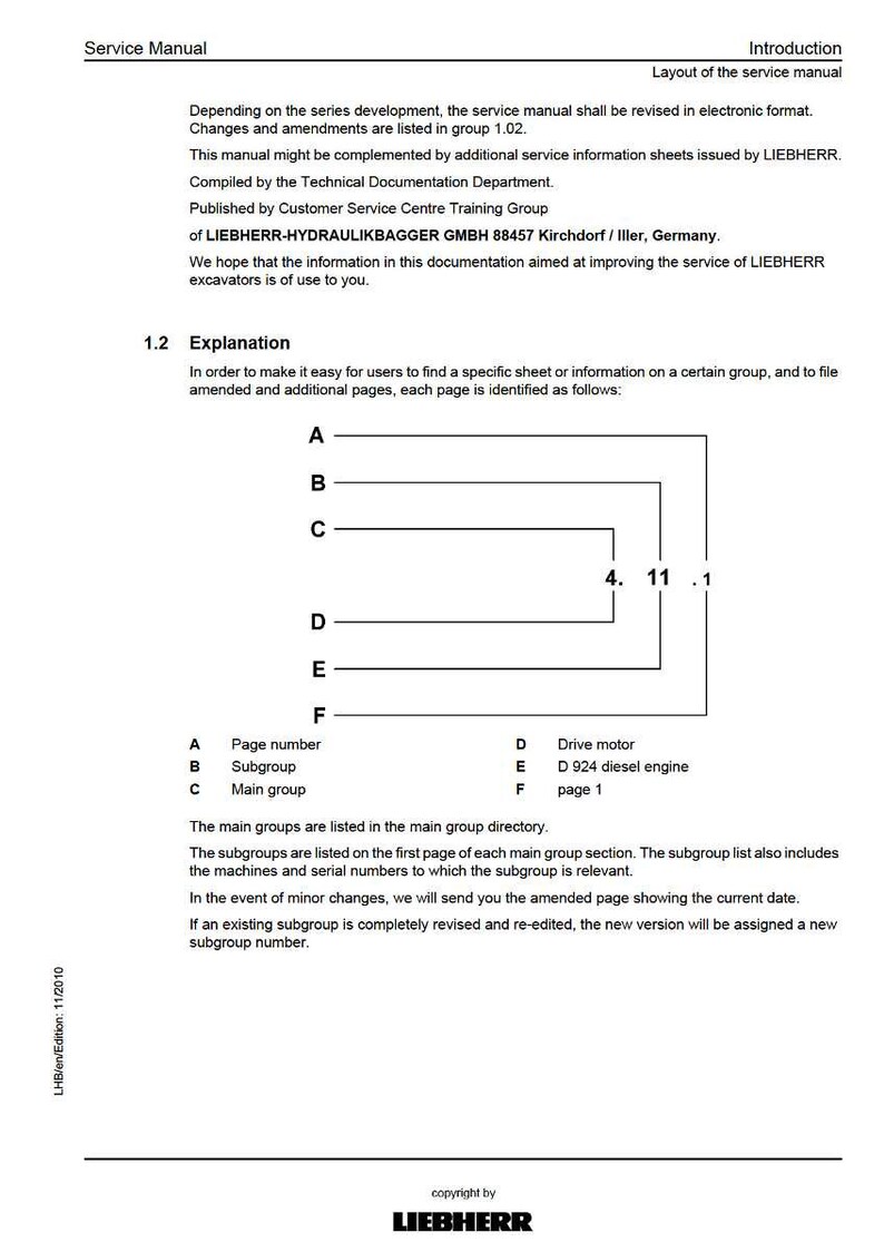 May include: A service manual page with the title "Service Manual" and the Liebherr logo. The page contains text explaining the manual's purpose, structure, and how to find information. Diagrams and labels are included.