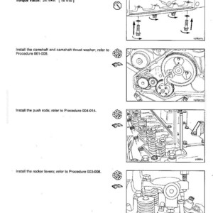 May include: Technical diagram of a gear housing, front view, with instructions for installation of capscrews, camshaft, push rods, and rocker levers. Includes torque value in ft-lb and N&bull;m. Page 1-95.