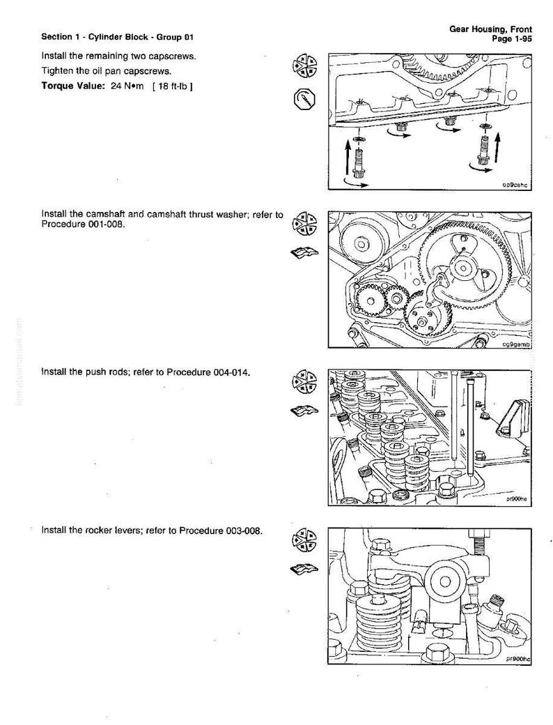May include: Technical diagram of a gear housing, front view, with instructions for installation of capscrews, camshaft, push rods, and rocker levers. Includes torque value in ft-lb and N&bull;m. Page 1-95.