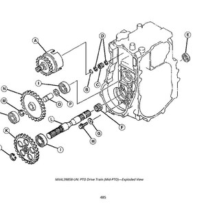 May include: An exploded view diagram of a PTO drive train, featuring various mechanical components. The image includes gears, bearings, and a housing, all rendered in black and white. Text at the bottom reads "MXAL39858-UN: PTO Drive Train (Mid-PTO)-Exploded View".