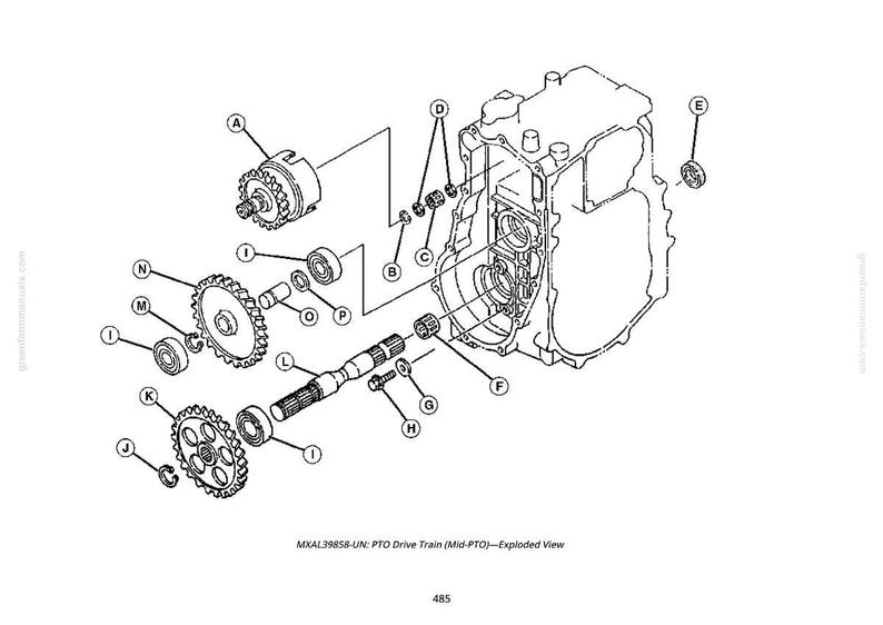 May include: An exploded view diagram of a PTO drive train, featuring various mechanical components. The image includes gears, bearings, and a housing, all rendered in black and white. Text at the bottom reads "MXAL39858-UN: PTO Drive Train (Mid-PTO)-Exploded View".