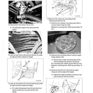 May include: Diagrams and instructions for disassembling and assembling an undercarriage and frame. Includes illustrations of removing clamps, disconnecting hoses, and adjusting frame height. Text includes measurements in millimeters.