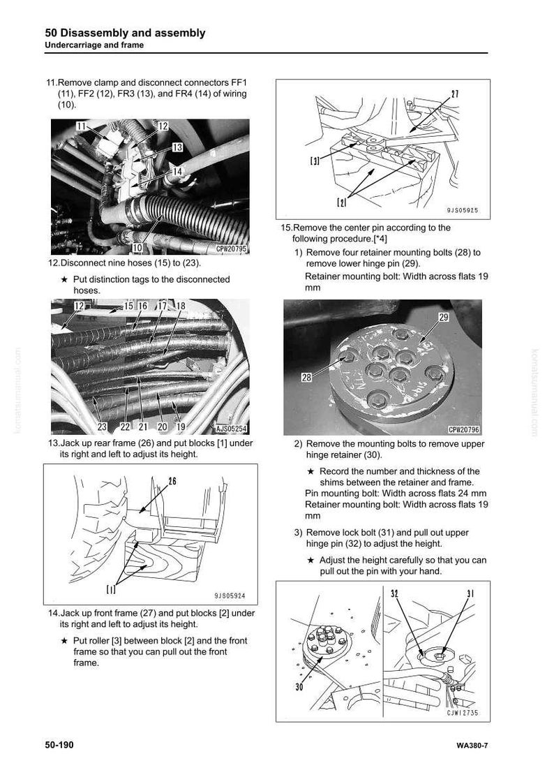 May include: Diagrams and instructions for disassembling and assembling an undercarriage and frame. Includes illustrations of removing clamps, disconnecting hoses, and adjusting frame height. Text includes measurements in millimeters.