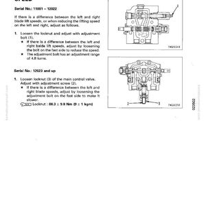 Puede incluir: Un diagrama t&eacute;cnico de un manual, titulado "Ajuste de la velocidad de elevaci&oacute;n de la cuchilla". Incluye diagramas de componentes mec&aacute;nicos, junto con instrucciones de ajuste. El texto incluye n&uacute;meros de serie y unidades de medida.