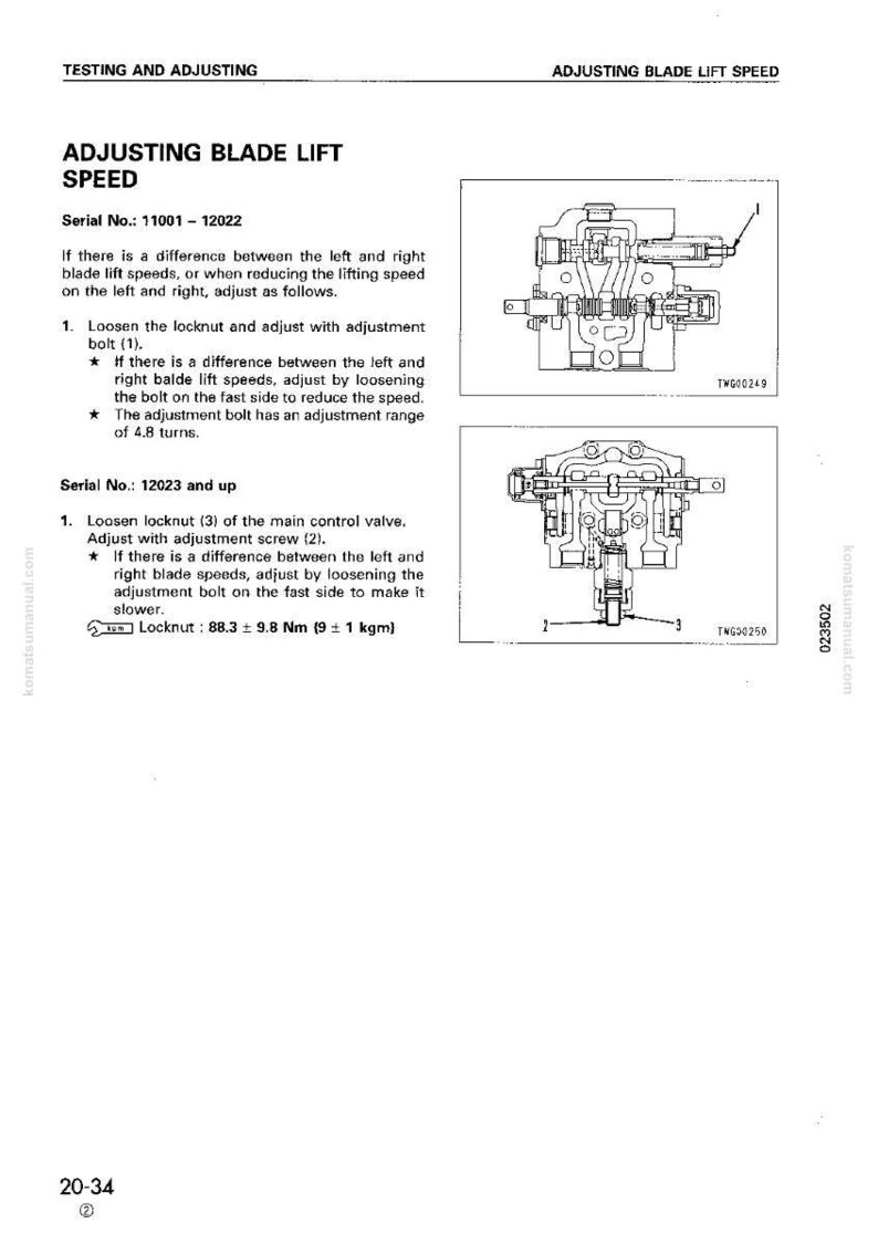 Puede incluir: Un diagrama t&eacute;cnico de un manual, titulado "Ajuste de la velocidad de elevaci&oacute;n de la cuchilla". Incluye diagramas de componentes mec&aacute;nicos, junto con instrucciones de ajuste. El texto incluye n&uacute;meros de serie y unidades de medida.
