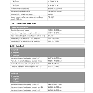 May include: A detailed technical specification sheet for 5th Generation AWF Engines. The document includes measurements in millimetres for valves, rockers, tappets, push rods, and camshaft components. The text includes engine specifications.