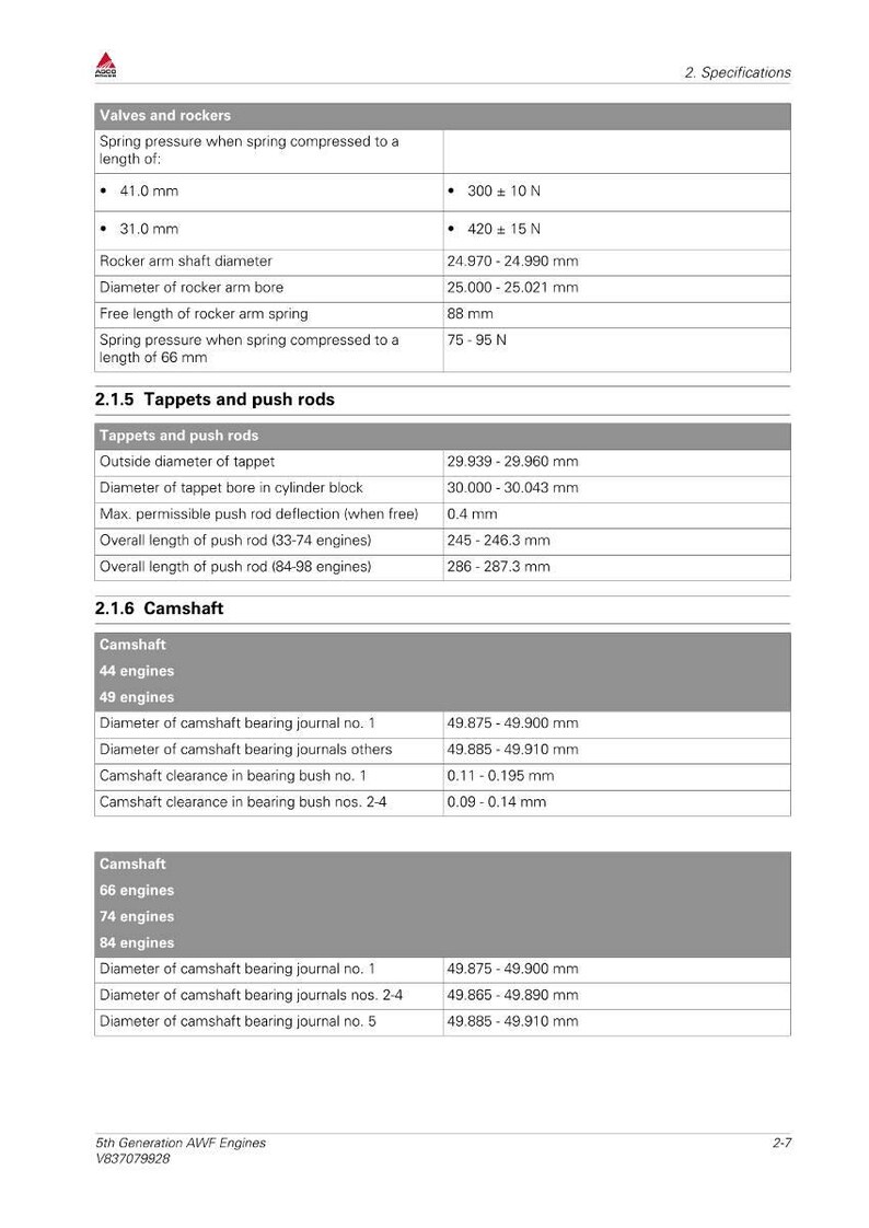 May include: A detailed technical specification sheet for 5th Generation AWF Engines. The document includes measurements in millimetres for valves, rockers, tappets, push rods, and camshaft components. The text includes engine specifications.
