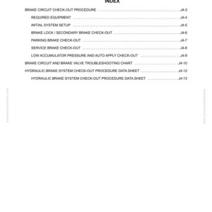 Puede incluir: Una p&aacute;gina blanca con el t&iacute;tulo "SECTION J4 BRAKE CIRCUIT CHECK-OUT PROCEDURE INDEX". Enumera procedimientos como "BRAKE CIRCUIT CHECK-OUT PROCEDURE", "REQUIRED EQUIPMENT" e "INITIAL SYSTEM SETUP". El documento es de komatsumanual.com.