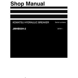 以下が含まれることがあります： 上部に「Shop Manual」というテキストが入った白いショップマニュアル。マニュアルには「KOMATSU HYDRAULIC BREAKER」と「JMHB55H-2」というテキストが含まれています。コマツのロゴが一番下にあります。