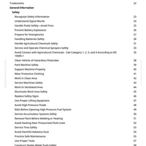 May include: A black and white document titled "Table of Contents" with a list of safety-related topics. The document includes sections on handling fluids, preventing explosions, and using proper tools. The page numbers are listed on the right.