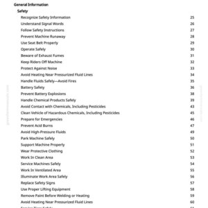 May include: A printed page titled "Table of Contents" from a manual. The table lists safety topics such as "Recognize Safety Information", "Prevent Machine Runaway", and "Avoid Heating Near Pressurized Fluid Lines".